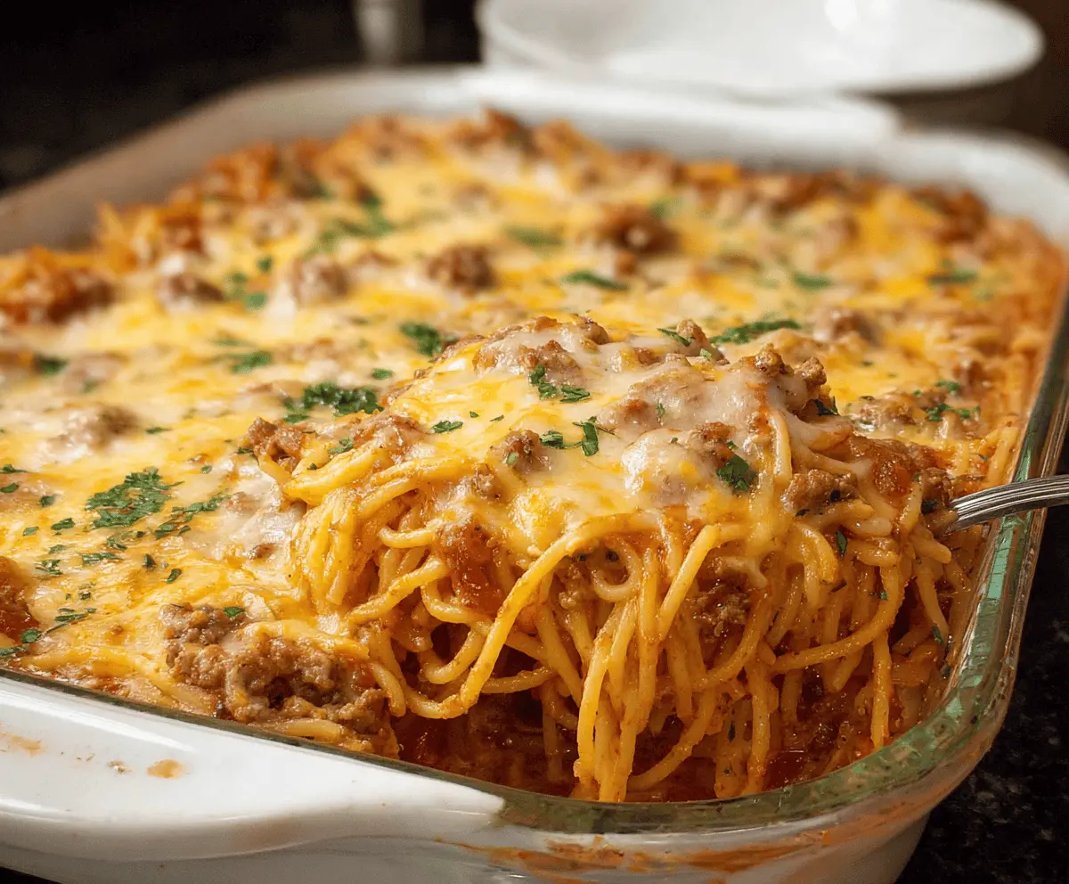 Delicious creamy Southern spaghetti bake topped with melted cheese and fresh herbs, served in a baking dish