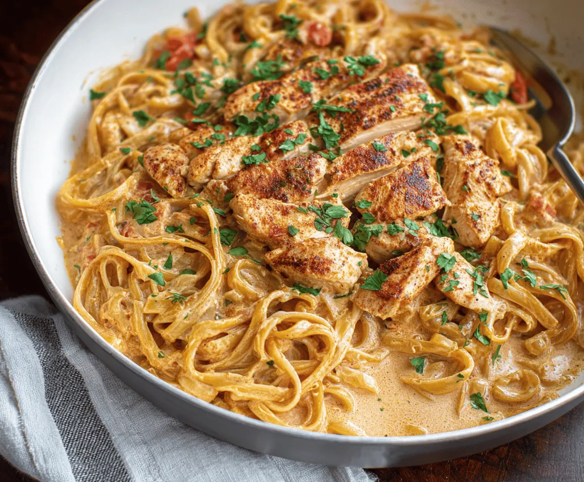 Creamy Cajun Chicken Pasta cooked in a crock pot, garnished with fresh herbs, served on a plate with a rich, flavorful sauce.