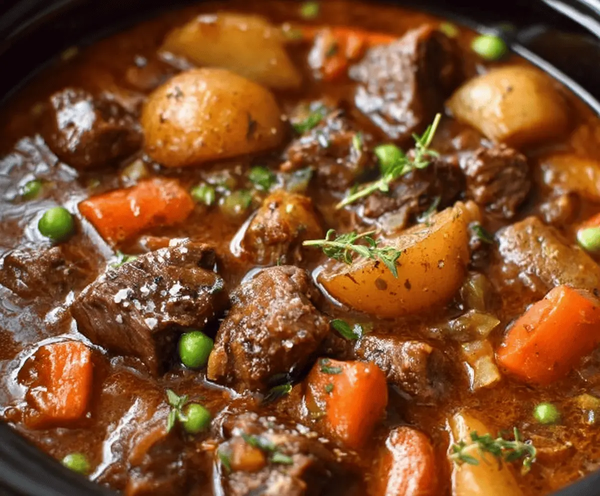 Delicious homemade crockpot beef stew with tender beef chunks, fresh vegetables, and savory broth in a slow cooker