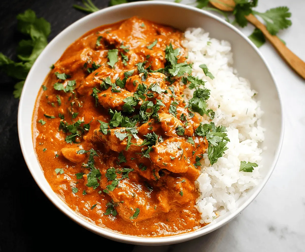 Creamy crockpot butter chicken served in a bowl with fresh cilantro garnish, showcasing tender chicken in a rich, flavorful sauce