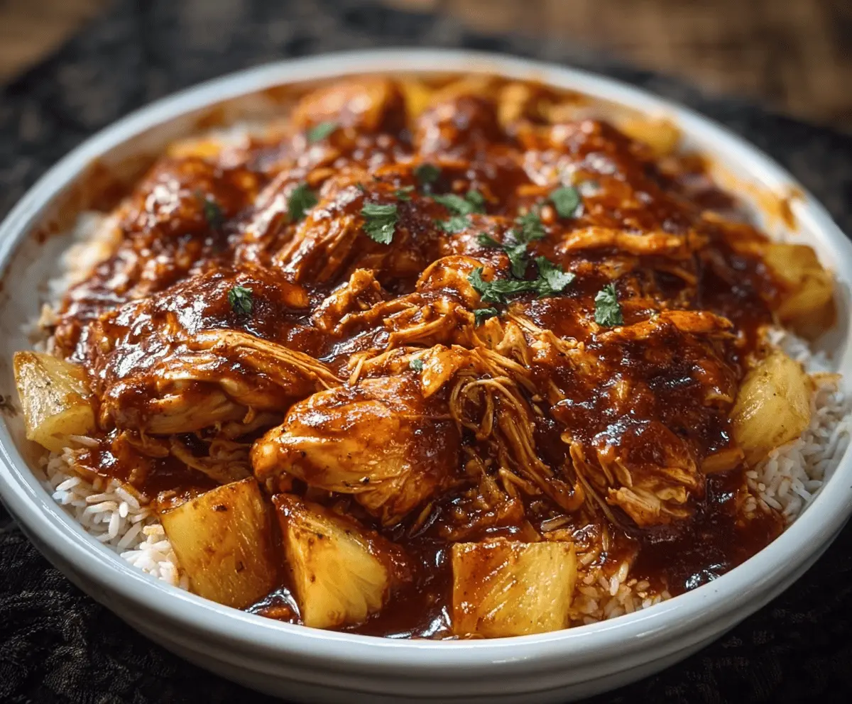 Juicy crockpot pineapple BBQ chicken served with fresh vegetables on a plate, perfect for easy family dinner