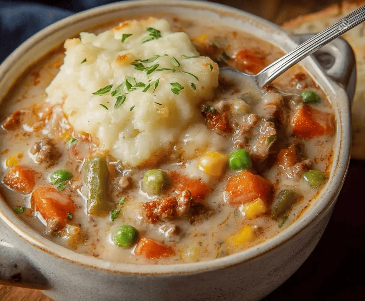 Creamy Shepherd’s Pie Soup in a bowl topped with mashed potatoes, ground meat, and fresh herbs, served as a hearty and comforting meal