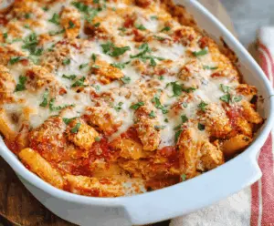 Delicious Dump-and-Bake Chicken Parmesan Casserole topped with melted cheese and crispy breadcrumbs, ready to serve