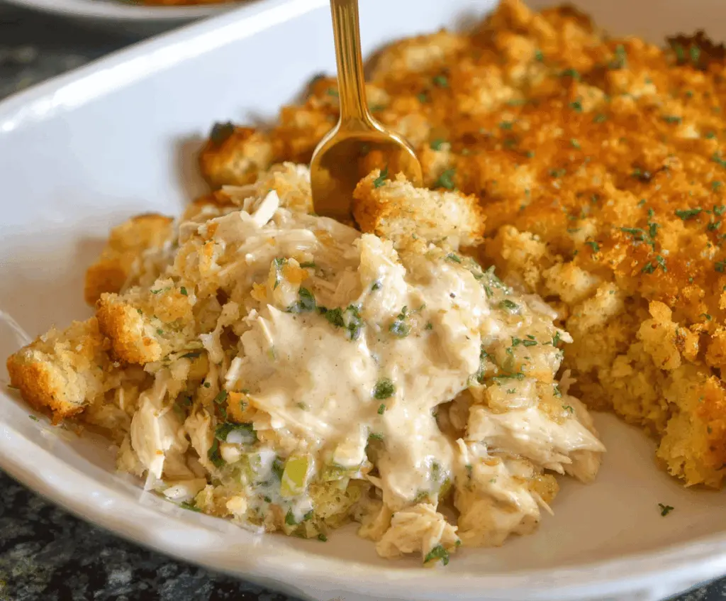 Delicious easy chicken and stuffing casserole topped with golden baked stuffing and tender chicken pieces on a serving plate