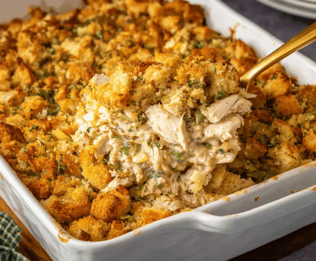Delicious Easy Chicken & Stuffing Casserole with golden-brown topping served in a baking dish