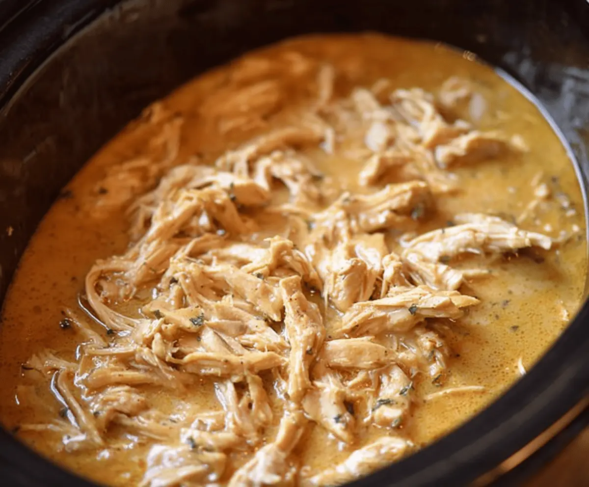 Delicious Easy Crockpot Chicken and Gravy served with mashed potatoes and steamed vegetables