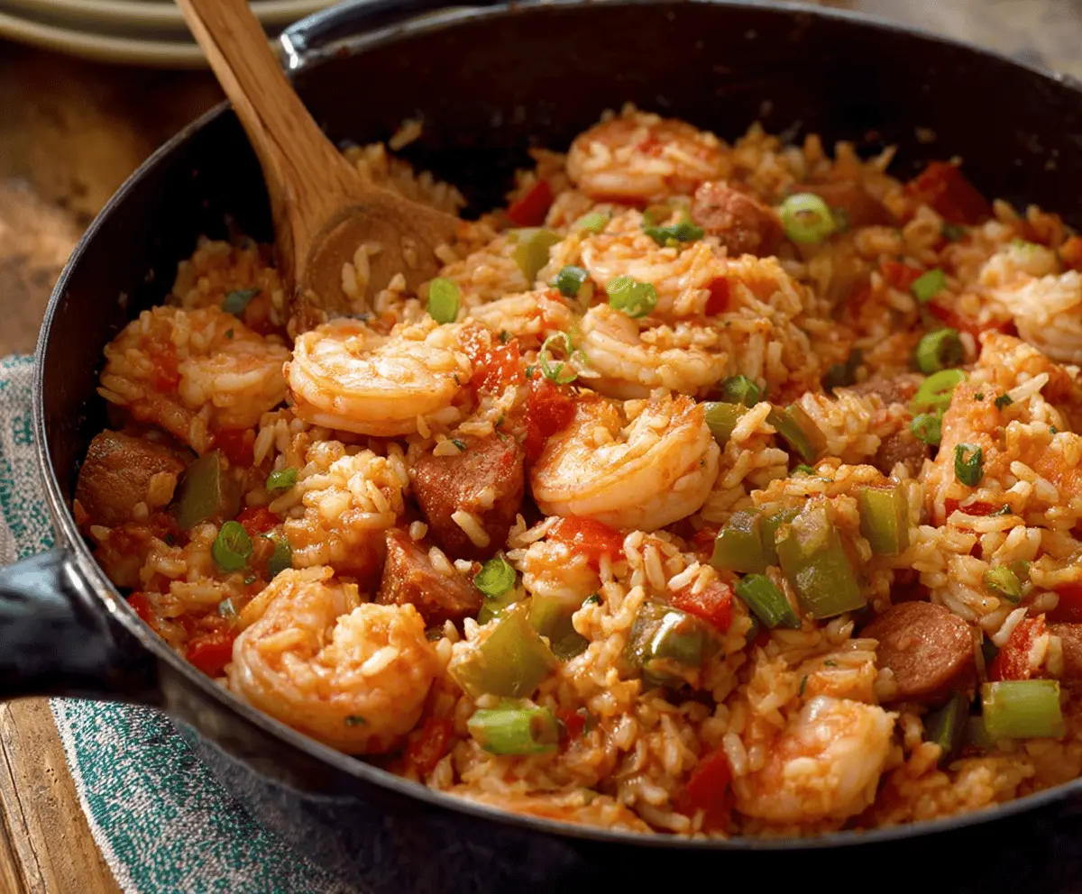 Delicious and easy homemade jambalaya with colorful vegetables, smoked sausage, and rice served on a plate, perfect for a flavorful Louisiana-inspired meal