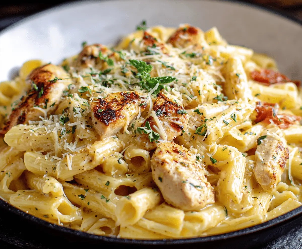 Creamy Parmesan Chicken Pasta served on a plate with grilled chicken slices, pasta, and fresh herbs, perfect for a quick and delicious dinner.