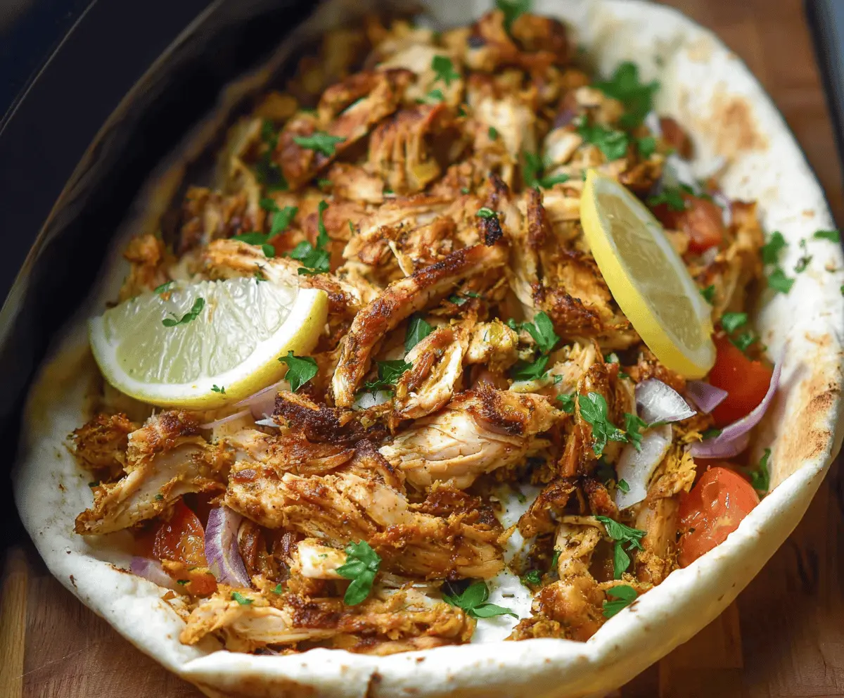 Delicious homemade slow cooker chicken shawarma served with fresh vegetables and herbs, perfect for a flavorful Middle Eastern meal