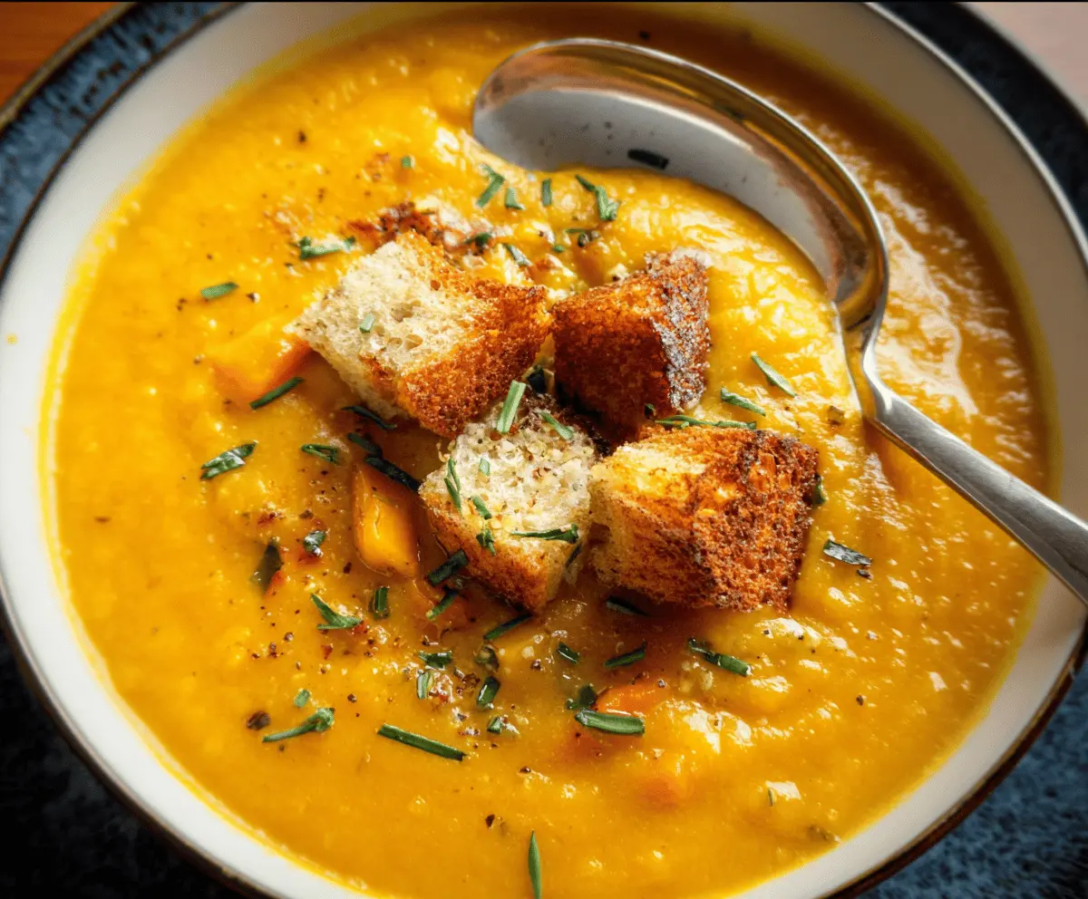 A steaming bowl of flavorful roasted winter vegetable soup garnished with fresh herbs, served with crusty bread on a rustic table.