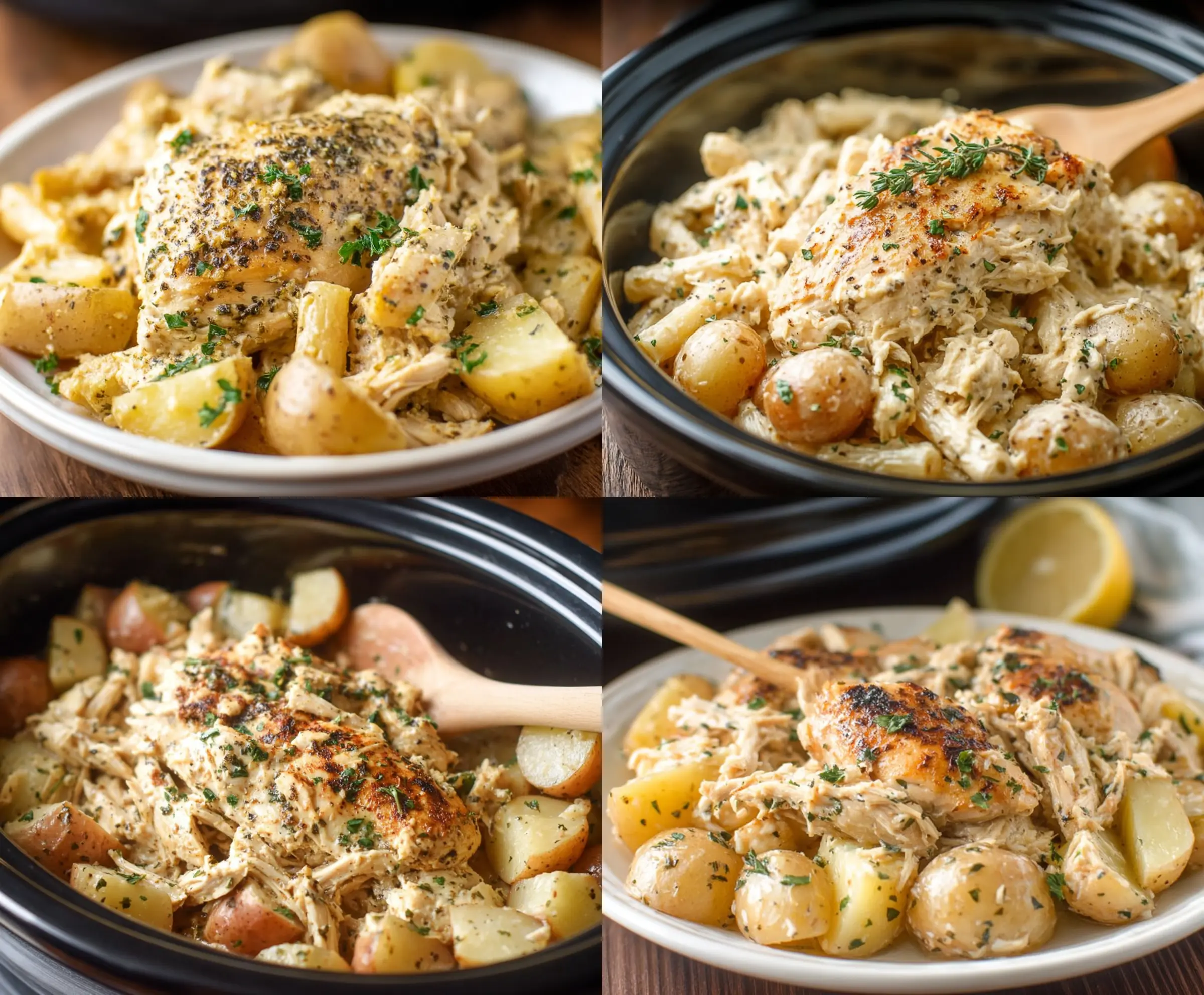Creamy Garlic Parmesan Crockpot Chicken and Potatoes served with fresh herbs, perfect for a flavorful, easy slow cooker dinner.