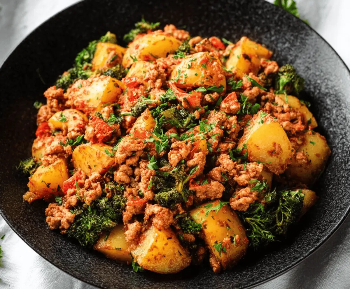 Delicious ground turkey with crispy roasted potatoes served on a plate, perfect for a healthy and flavorful meal