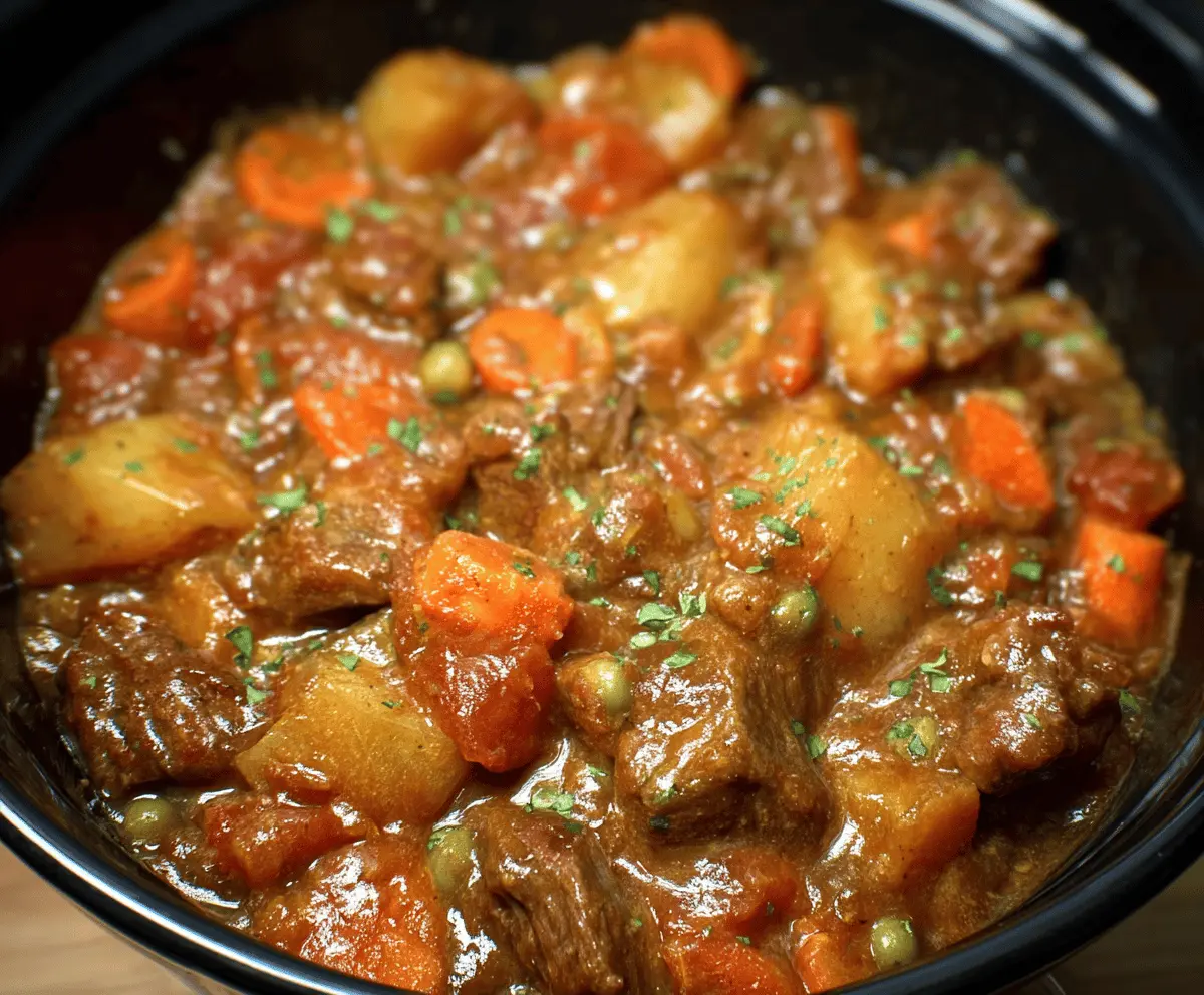 A steaming bowl of hearty classic beef stew with tender beef chunks, carrots, potatoes, and herbs served in a rustic bowl.