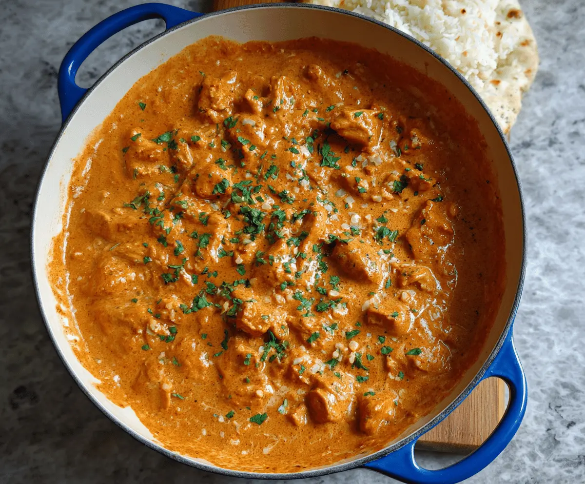 Creamy homemade butter chicken served with saffron rice and fresh herbs, perfect for a flavorful Indian-inspired meal.