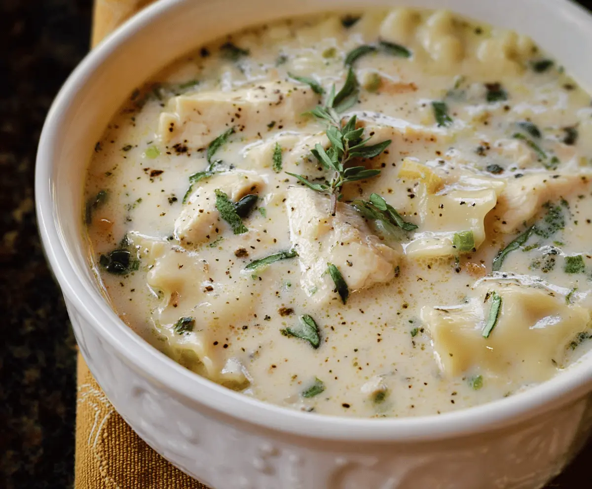 Creamy white chicken lasagna soup with shredded chicken, melted cheese, and fresh herbs in a comforting bowl