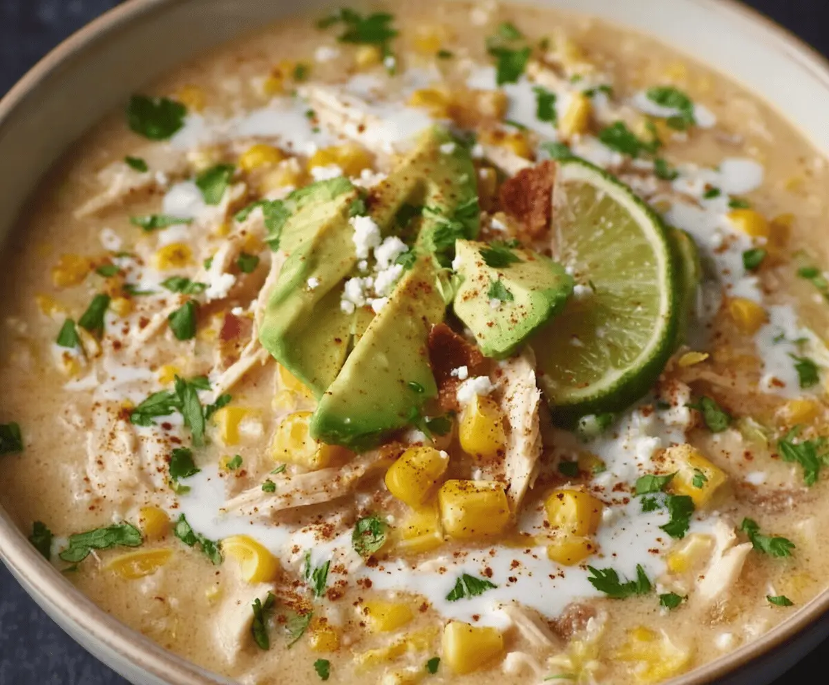 Creamy Mexican Street Corn White Chicken Chili topped with crumbled queso fresco, chopped cilantro, and lime wedges in a bowl, perfect for a flavorful, comforting meal.
