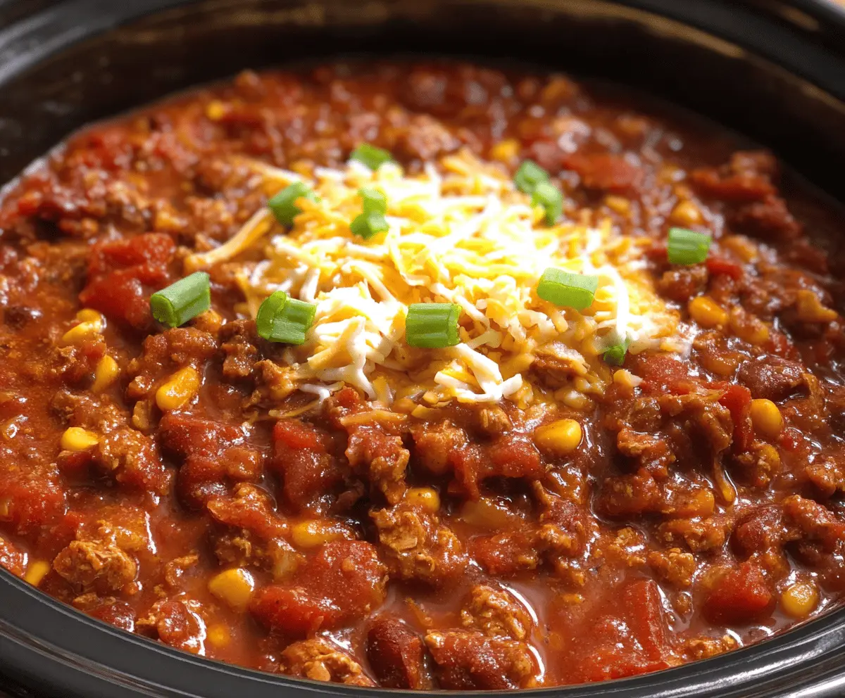 Delicious slow-cooker chili with beans, ground beef, tomatoes, and spices served in a bowl, perfect for a hearty meal
