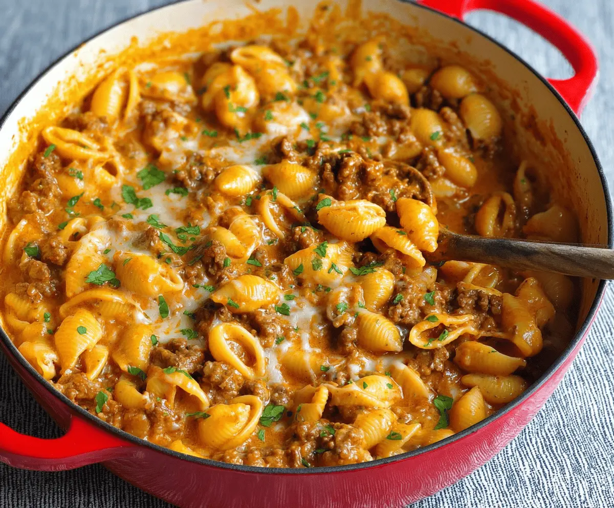 Delicious one-pot creamy beef and shell pasta dish served in a bowl, featuring tender beef, pasta shells, and a creamy sauce