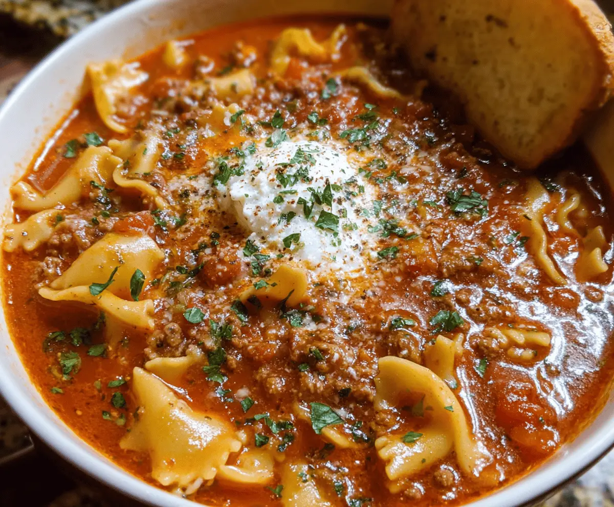 Delicious steaming bowl of One-Pot Lasagna Soup garnished with fresh basil and melted cheese, showcasing layers of flavorful ingredients in a single pot.