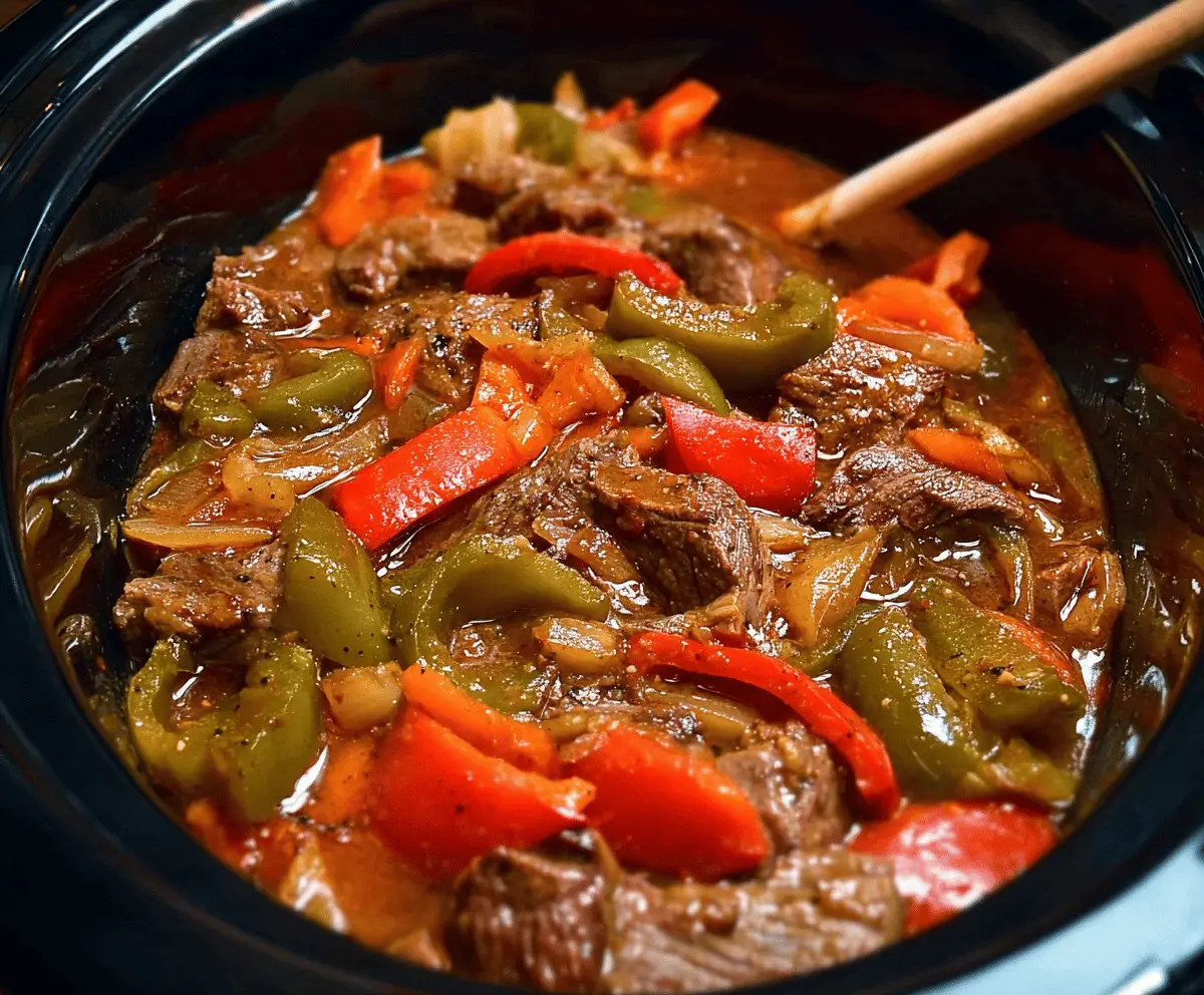 Delicious tender pepper steak cooked in a slow cooker, featuring vibrant bell peppers and savory sauce in a Crock Pot meal.