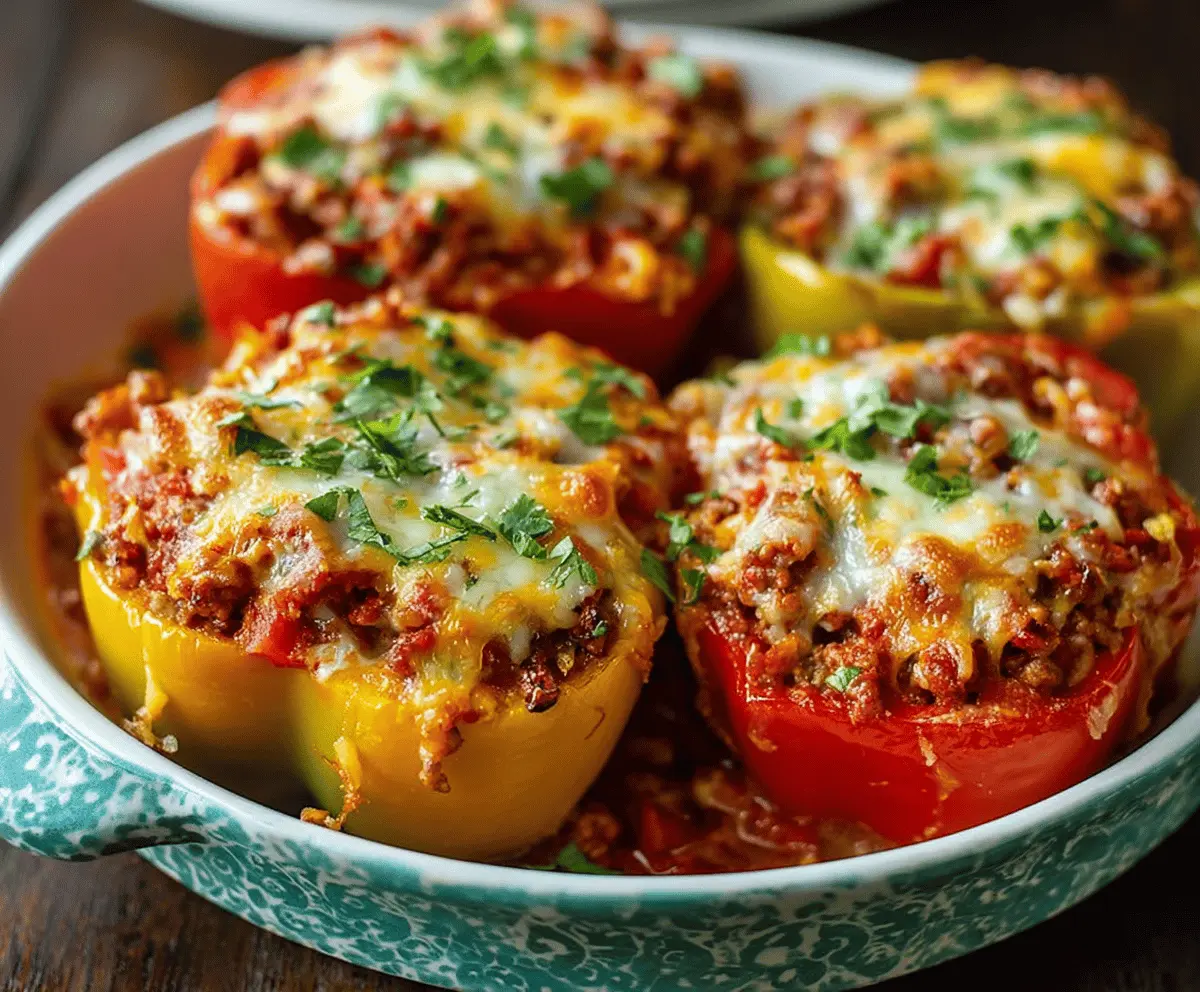 Delicious Pioneer Woman Stuffed Pepper Casserole with colorful bell peppers, seasoned ground beef, melted cheese, and fresh herbs on a serving dish