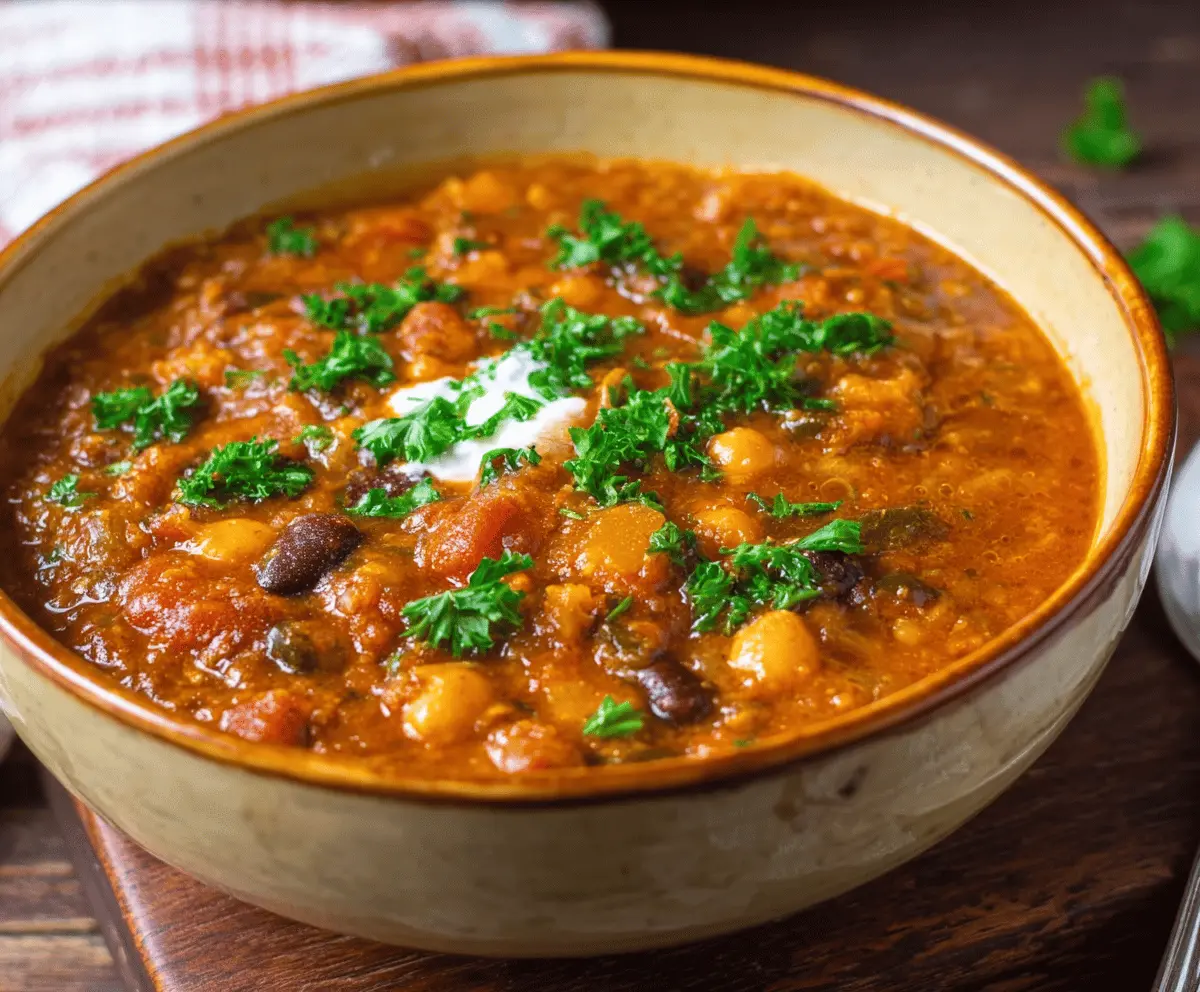 Hearty pumpkin chili topped with shredded cheese and fresh herbs in a bowl, perfect for a comforting fall meal.
