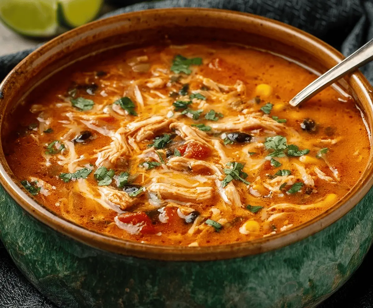 Hearty savory chicken enchilada soup in a bowl topped with melted cheese, fresh cilantro, and diced tomatoes, perfect for a comforting meal