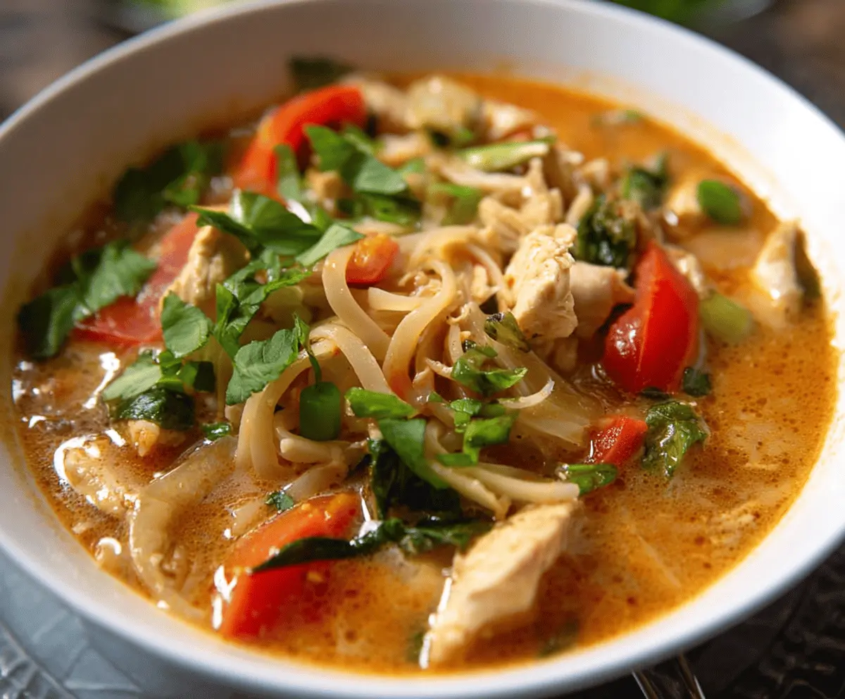 Delicious bowl of simple Thai chicken soup with fresh herbs, vegetables, and tender chicken in a flavorful broth