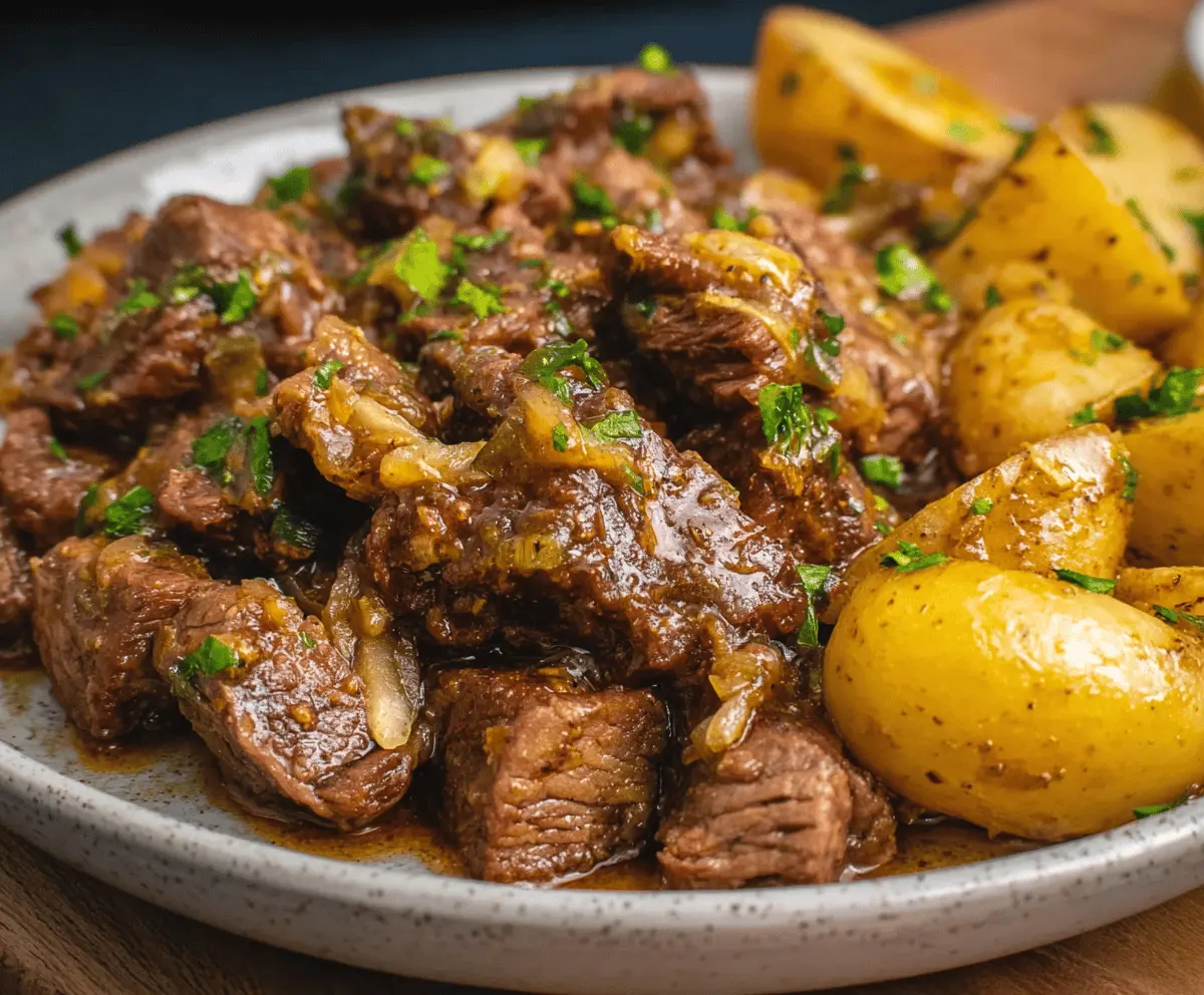 Slow Cooker Garlic Butter Beef Bites & Potatoes