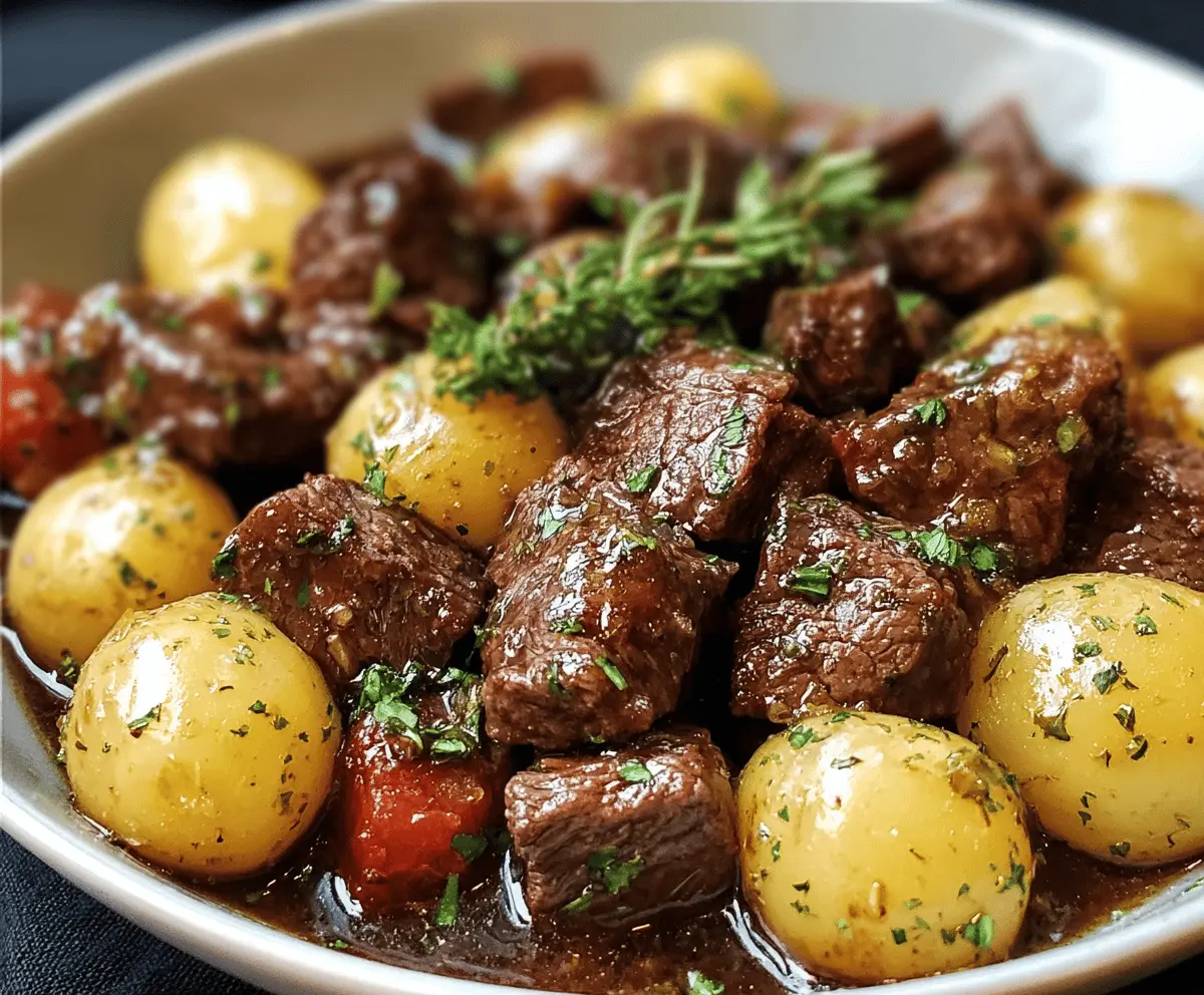 Creamy, tender garlic butter beef bites with roasted potatoes in a slow cooker, perfect for a hearty, flavorful meal