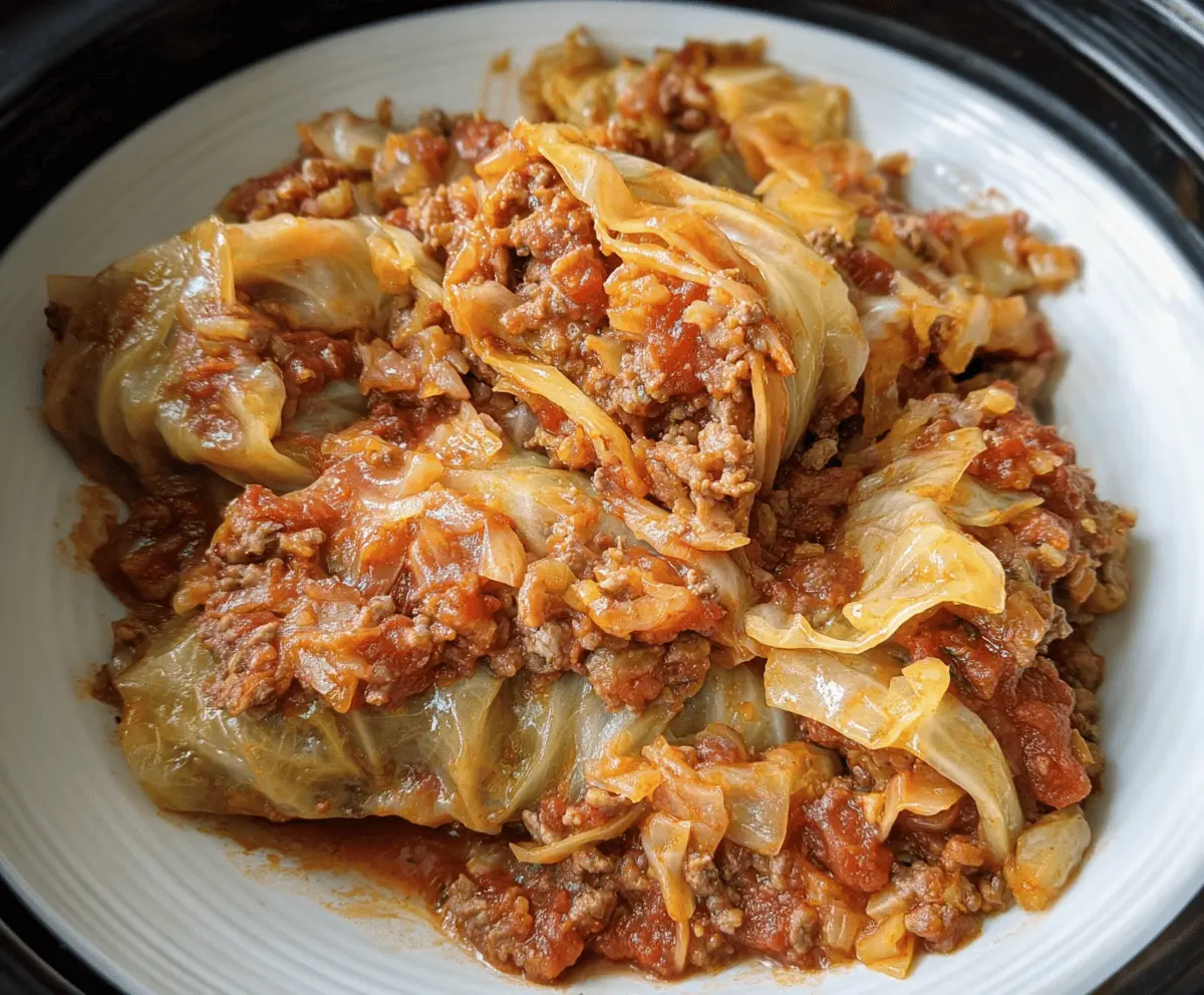 Delicious slow cooker unstuffed cabbage rolls served in a bowl, featuring seasoned ground beef, tomatoes, and shredded cabbage for a hearty, comforting meal