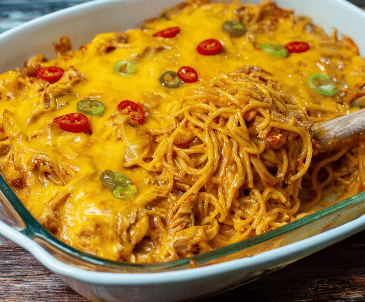 Delicious Spicy Southern Chicken Spaghetti Casserole topped with melted cheese and fresh herbs, served in a baking dish.