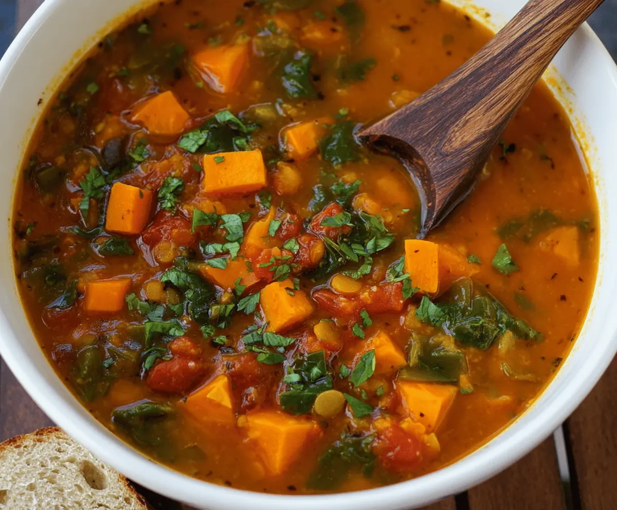 A bowl of hearty sweet potato and vegetable soup garnished with fresh herbs, showcasing vibrant orange and green colors in a rustic setting.