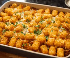 Delicious Tater Tot Casserole with melted cheese, crispy golden tater tots, and savory ingredients, ready to serve for a comforting meal.