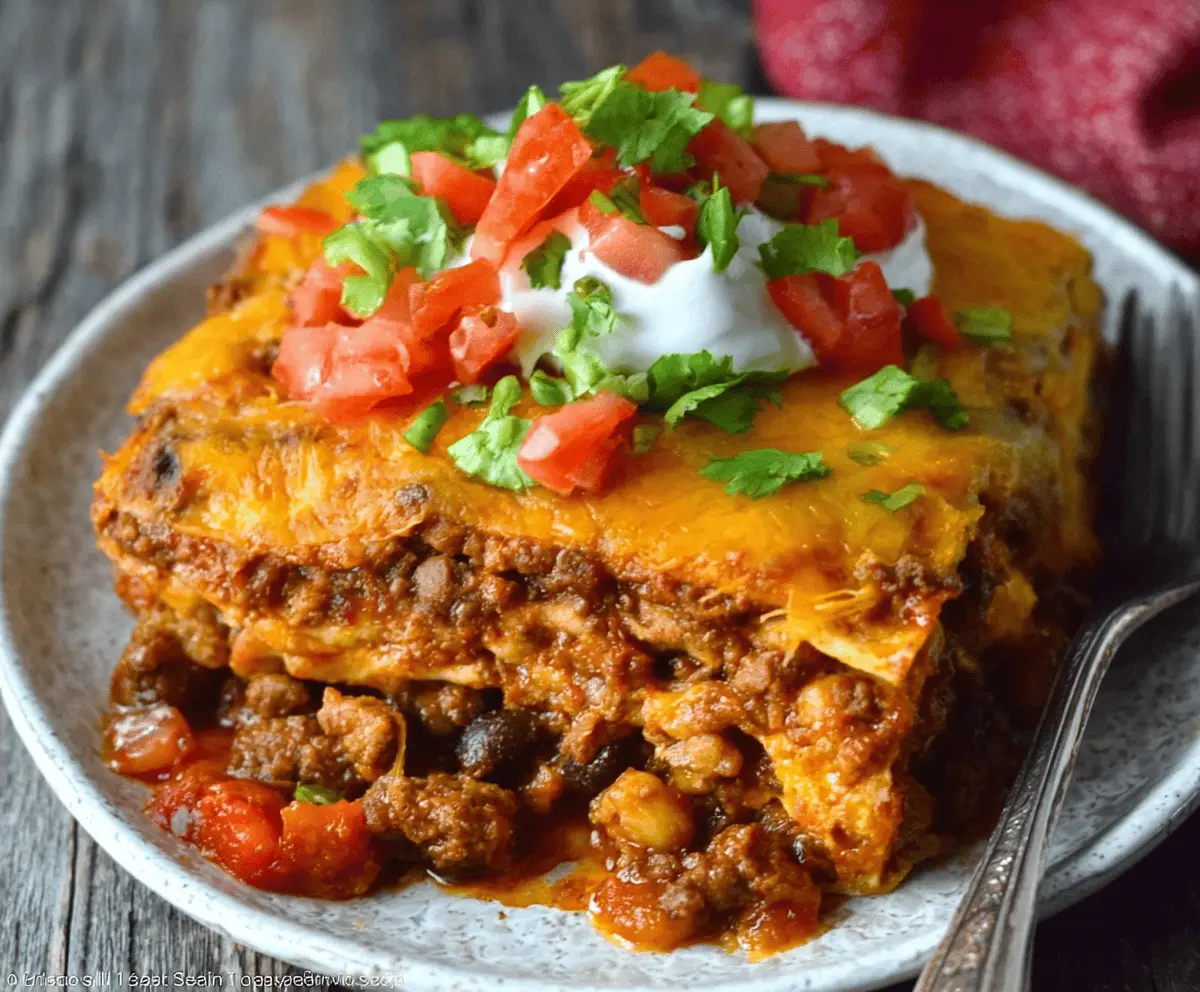 Delicious Beef Enchilada Casserole topped with melted cheese and fresh cilantro, served in a baking dish—perfect comfort food for family dinner.