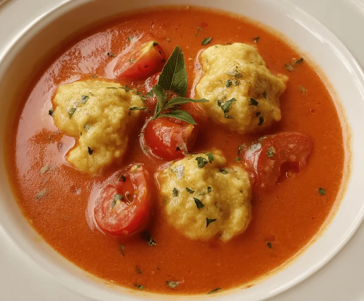 Creamy tomato soup topped with melted cheese dumplings, served in a bowl with fresh herbs, perfect for a comforting and flavorful meal.