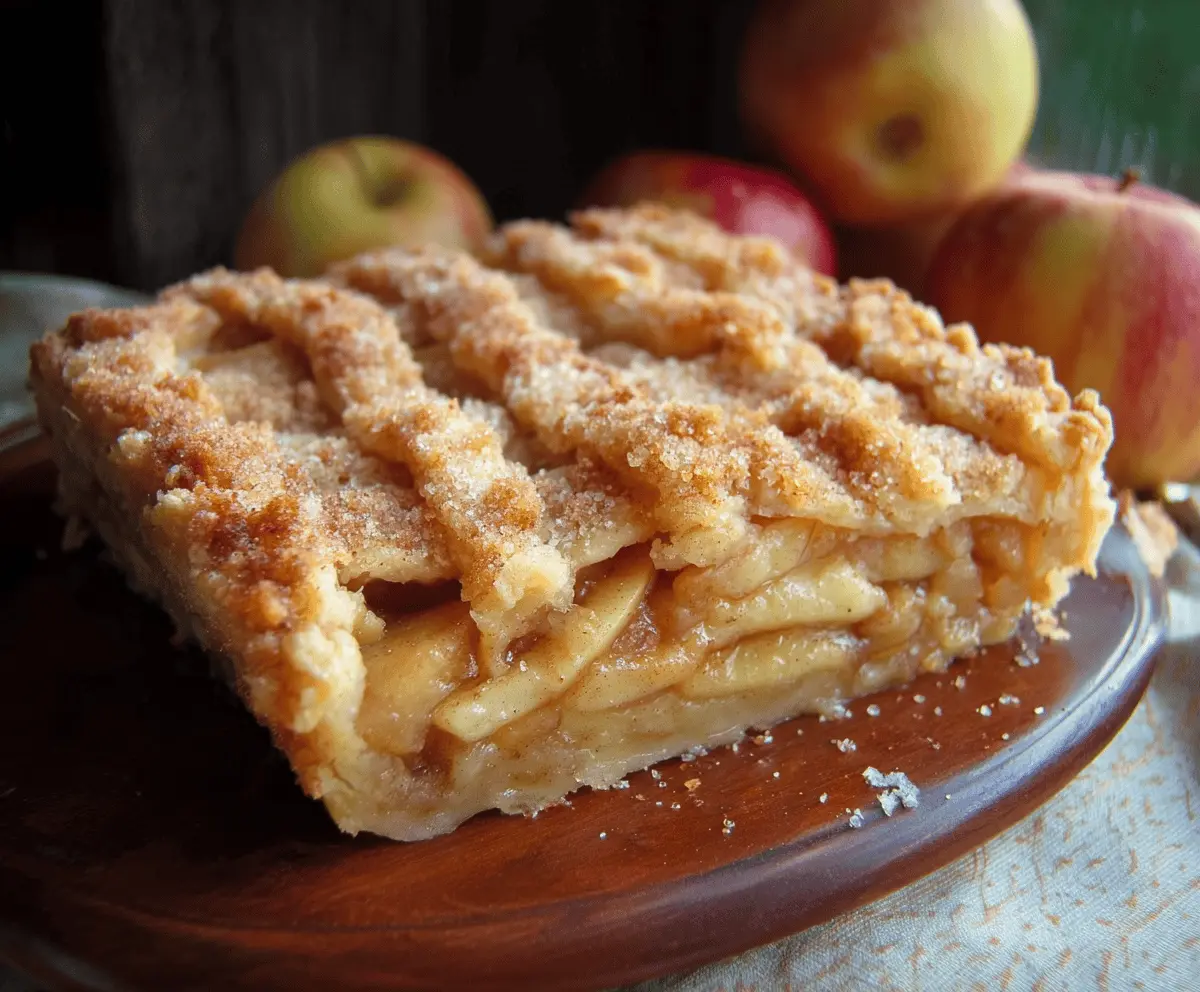 Delicious homemade Apple Slab Pie topped with golden crust and fresh sliced apples, perfect for fall desserts.