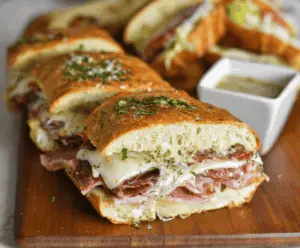 Delicious baked Italian grinder sandwiches filled with fresh meats, cheeses, and vegetables, served hot and crispy