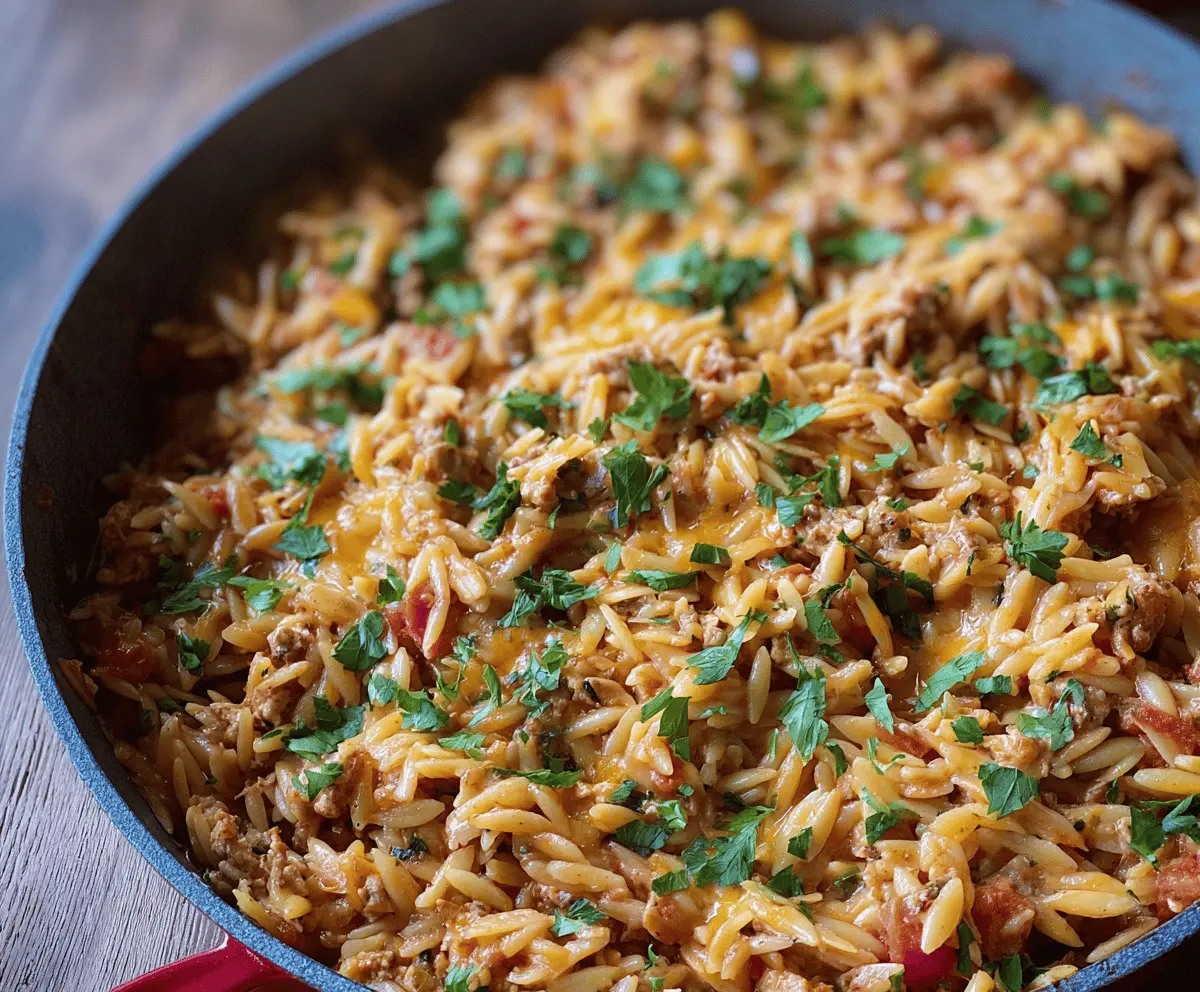Delicious ground turkey orzo pasta dish garnished with fresh herbs, featuring tender ground turkey, orzo pasta, and colorful vegetables in a savory sauce.