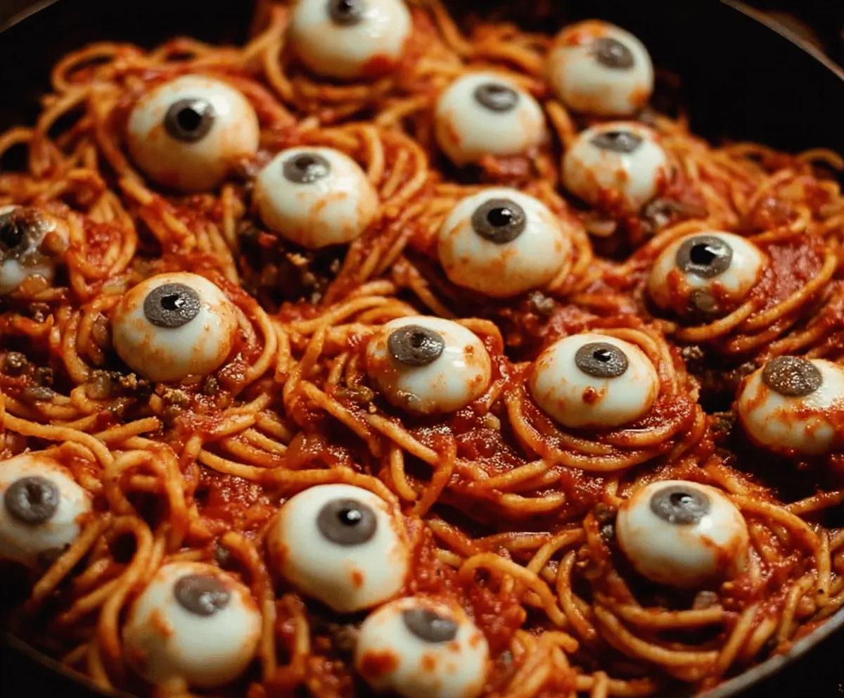 Spooky Halloween Pasta: Bloody Spaghetti with Mozzarella Eyeballs