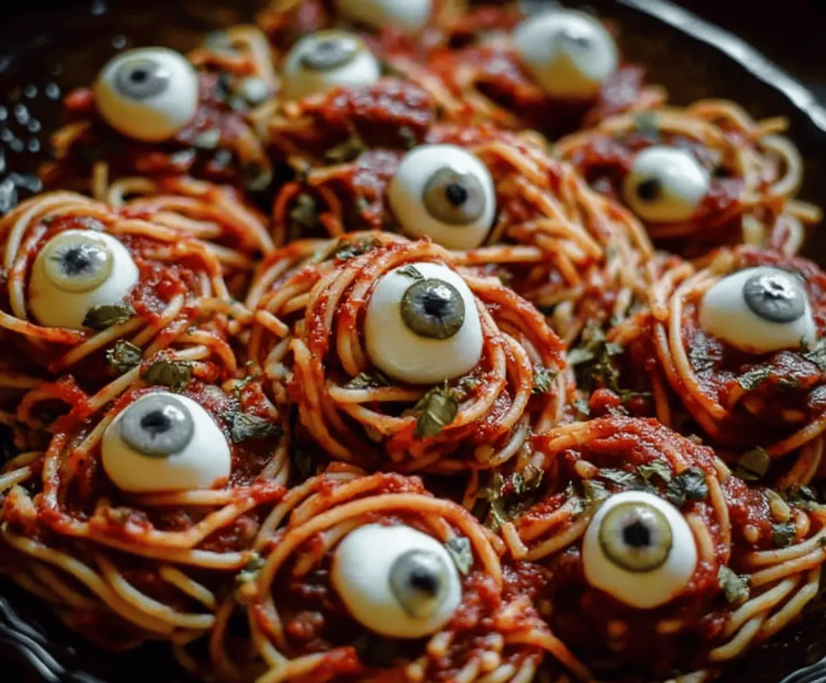 A spooky Halloween spaghetti dish topped with mozzarella balls resembling eyeballs and bloody marinara sauce, perfect for a Halloween party feast.