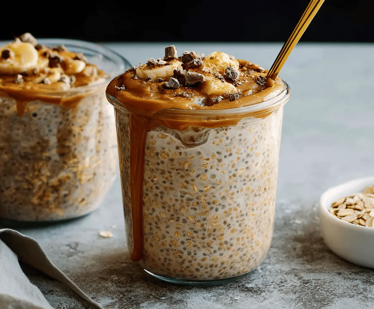 Creamy brown sugar overnight oats topped with fresh berries and a sprinkle of nuts in a glass jar