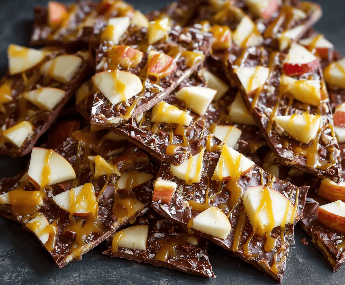 Delicious homemade caramel apple bark topped with chopped apples, caramel drizzle, and chocolate chunks on a white plate