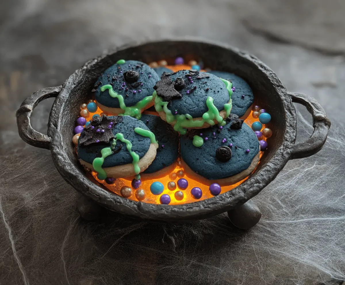 Delicious homemade Cauldron Cookies with chocolate and colorful candies, perfect for Halloween treats
