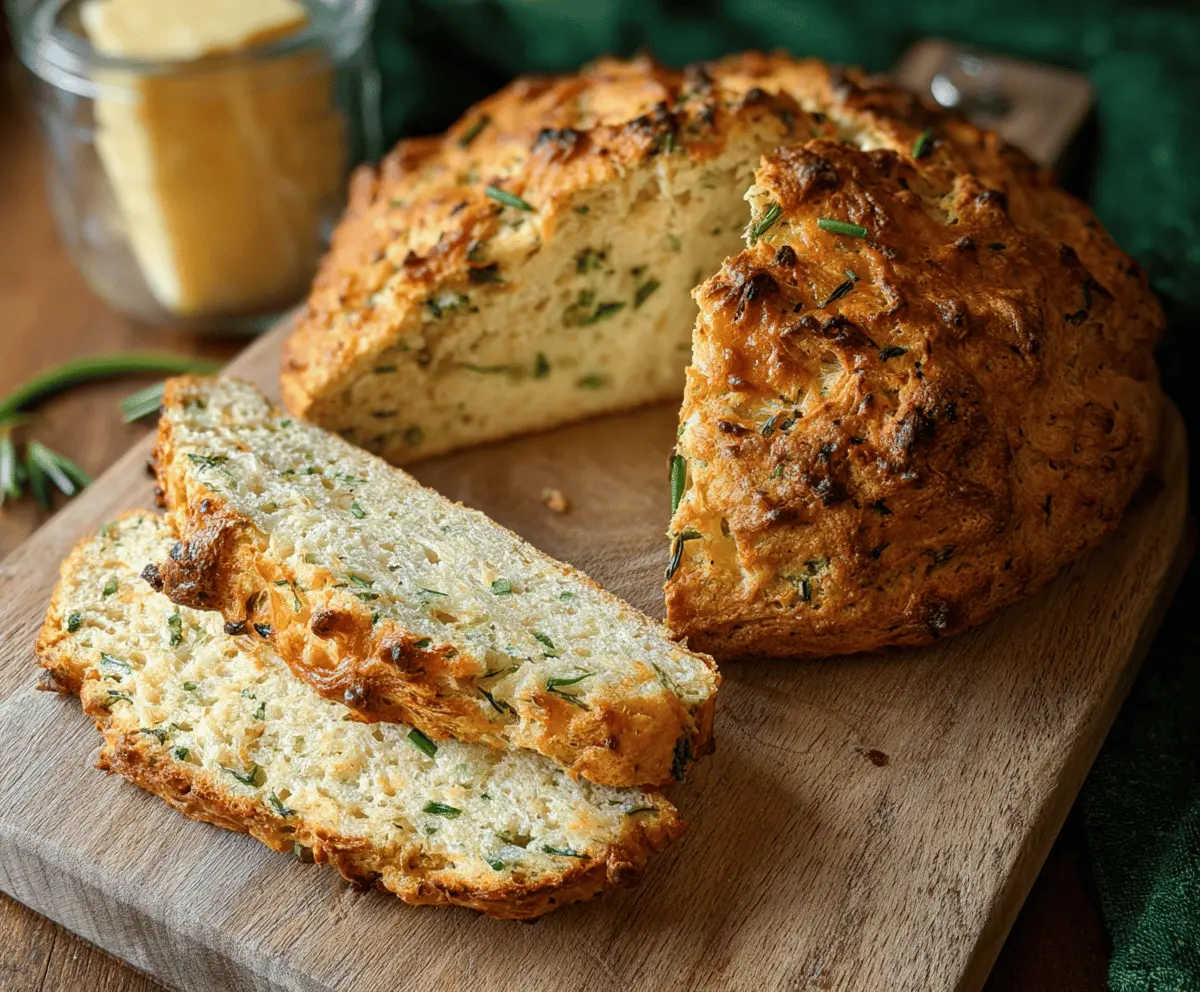 Golden homemade cheddar and herb soda bread with a crispy crust, perfect for breakfast or snack time.