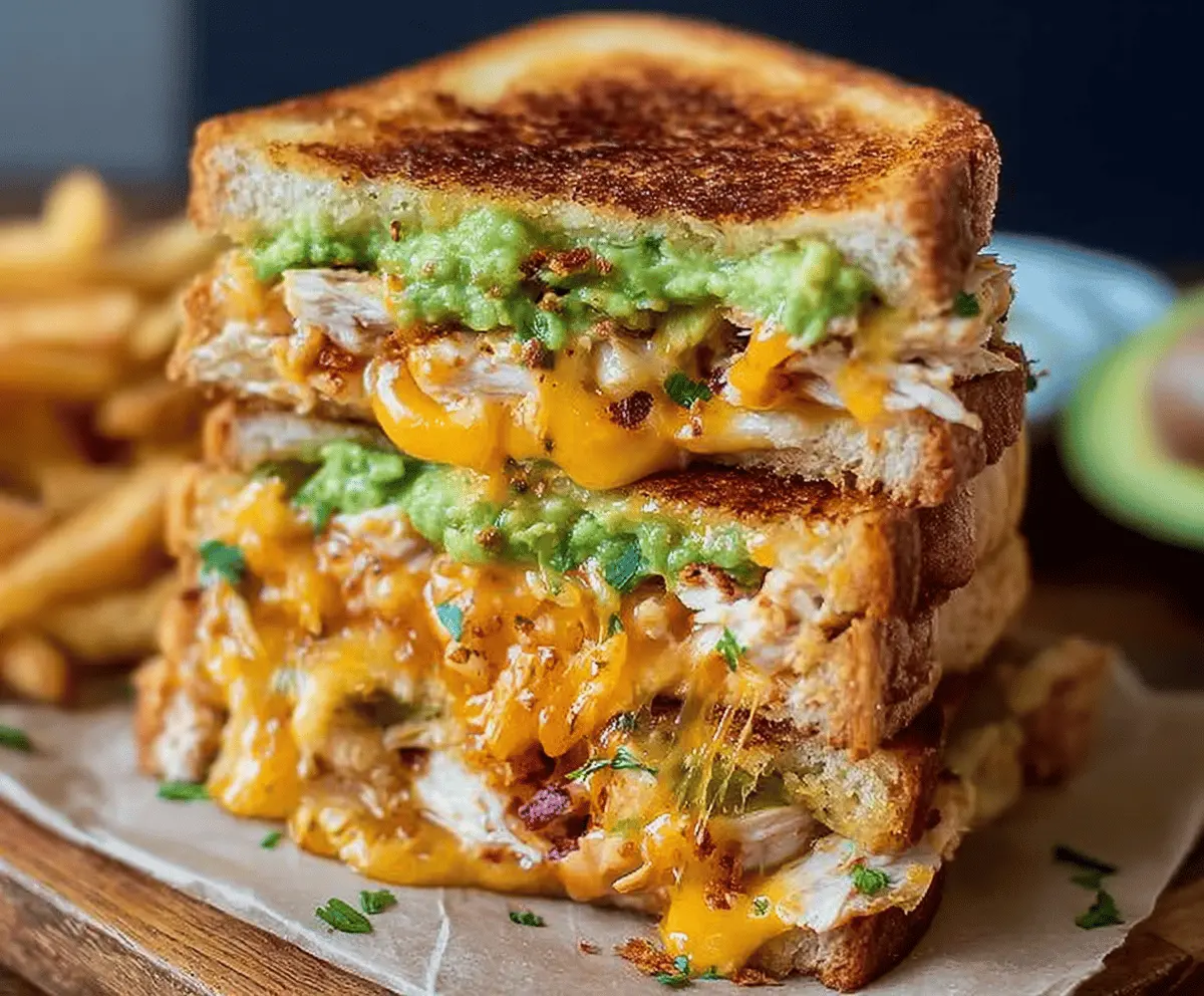 Delicious cheesy chicken avocado melt sandwich featuring melted cheese, sliced chicken, fresh avocado, and crispy bread—perfect for a tasty meal or snack.