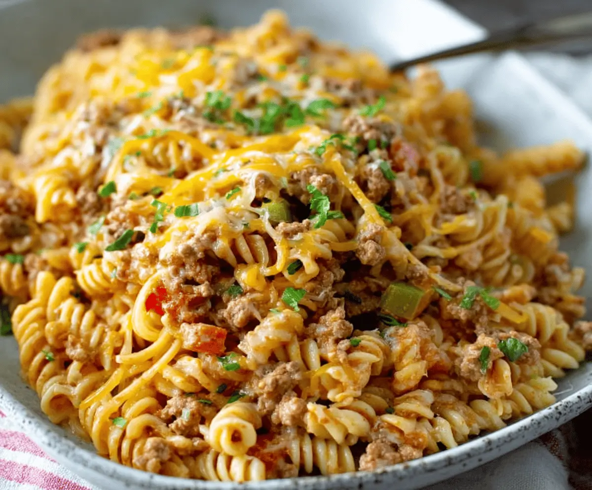 Creamy cheesy ground turkey pasta served on a plate, featuring melted cheese, cooked ground turkey, and pasta, showcasing a comforting and easy dinner recipe.