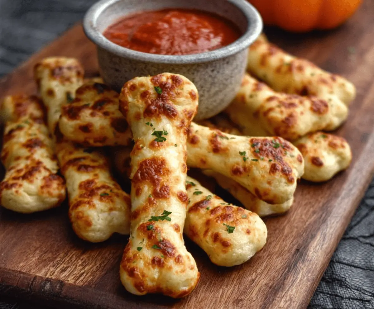 Delicious cheesy Halloween breadstick bones arranged on a plate, perfect for spooky festive snacks