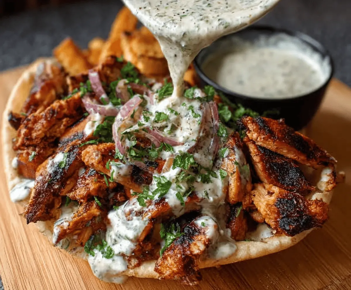 Delicious Chicken Shawarma with creamy garlic sauce served with fresh vegetables and pita bread on a platter