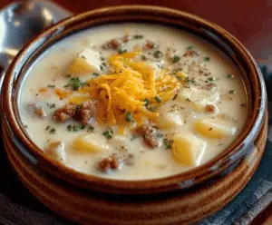 Creamy classic Old Fashioned Loaded Potato Soup topped with cheese, bacon bits, chives, and sour cream in a bowl.